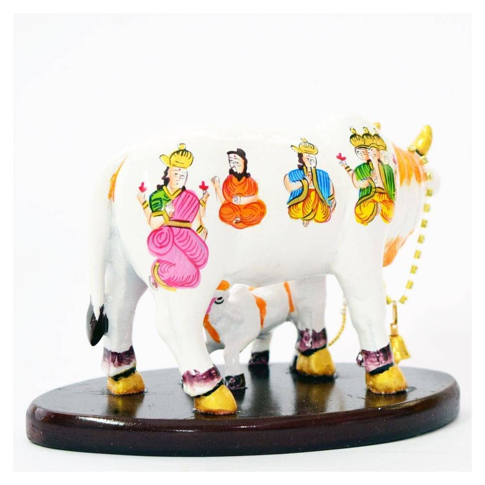 KAMDHENU COW WITH CALF ON BASE (WHITE) SIZE 6 INCH - Decorwala