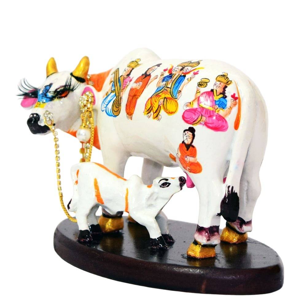 KAMDHENU COW WITH CALF ON BASE (WHITE) SIZE 6 INCH - Decorwala