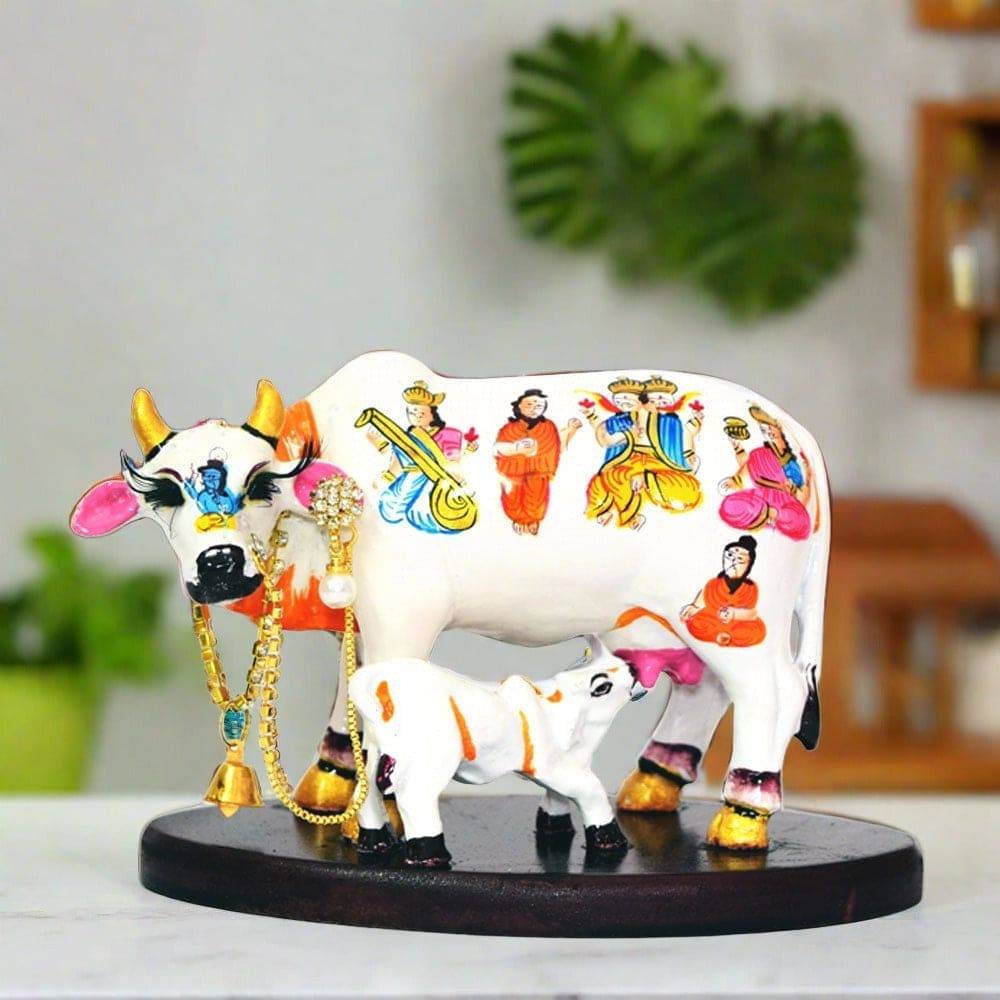 KAMDHENU COW WITH CALF ON BASE (WHITE) SIZE 6 INCH - Decorwala