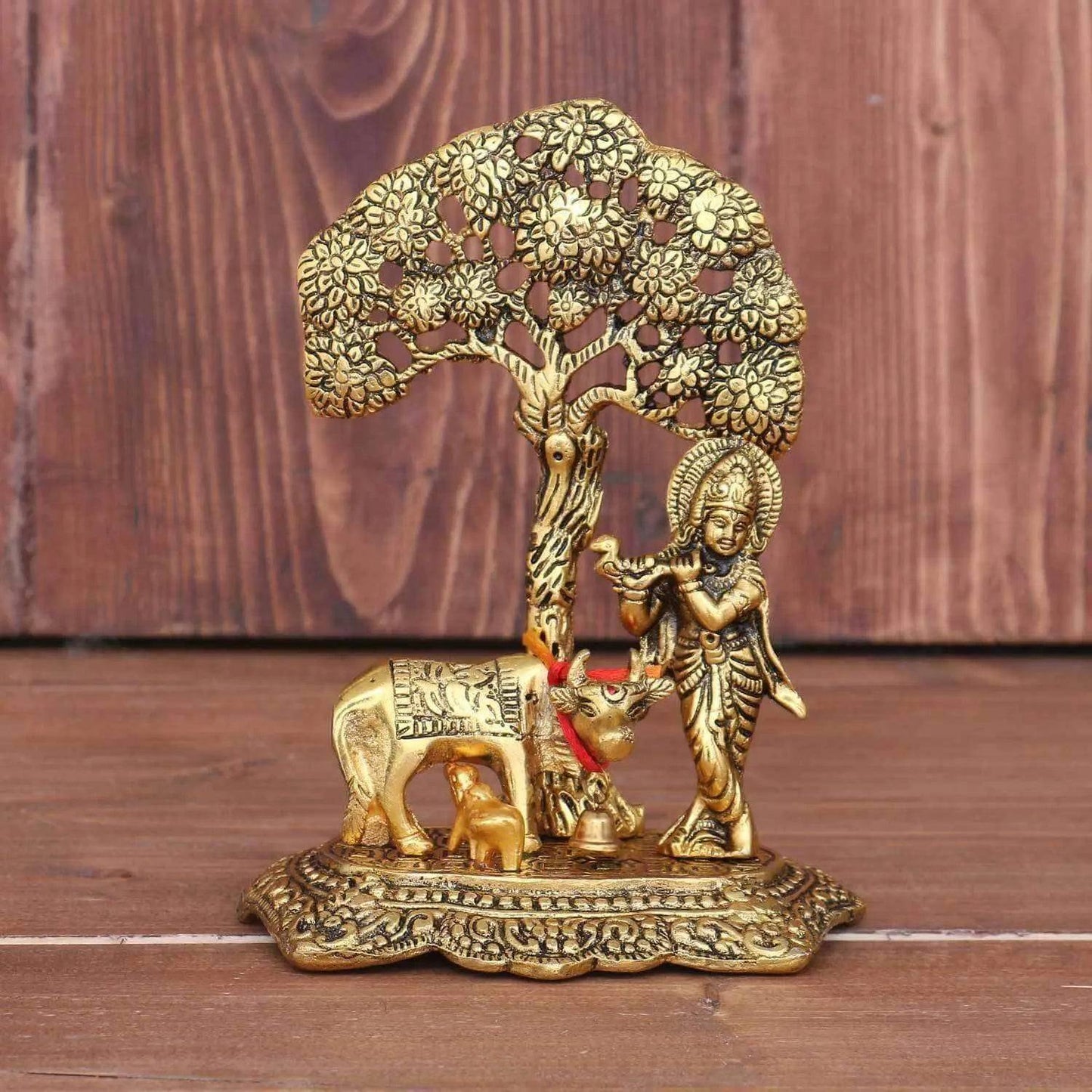 Metal Krishna Idol Murti under tree with Kamdhenu Cow - Gold Plated Showpiece (Set of 1) Rakhi Gift - Decorwala