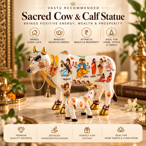 Kamdhenu Cow & Calf Idol – Sacred Symbol of Prosperity & Divine Blessings - 19cm