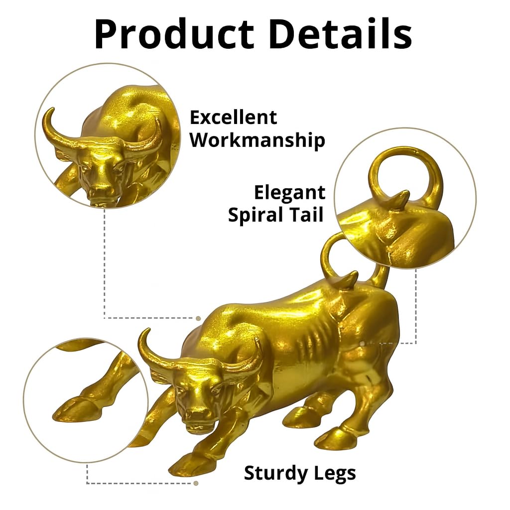 Decorative Gold Bull Statue, Wall Street Symbol, Metal Figurine - 6inch