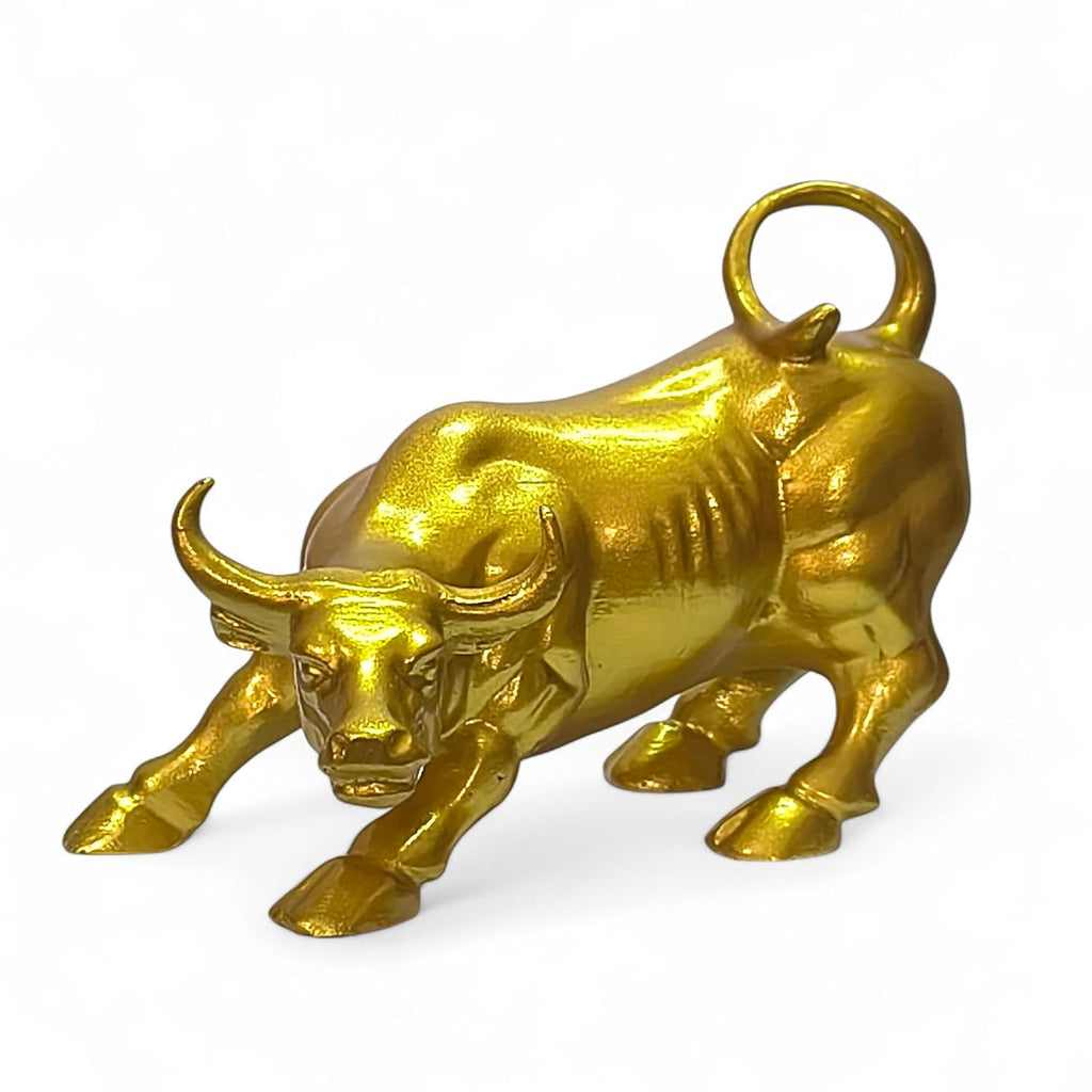 Decorative Gold Bull Statue, Wall Street Symbol, Metal Figurine - 6inch