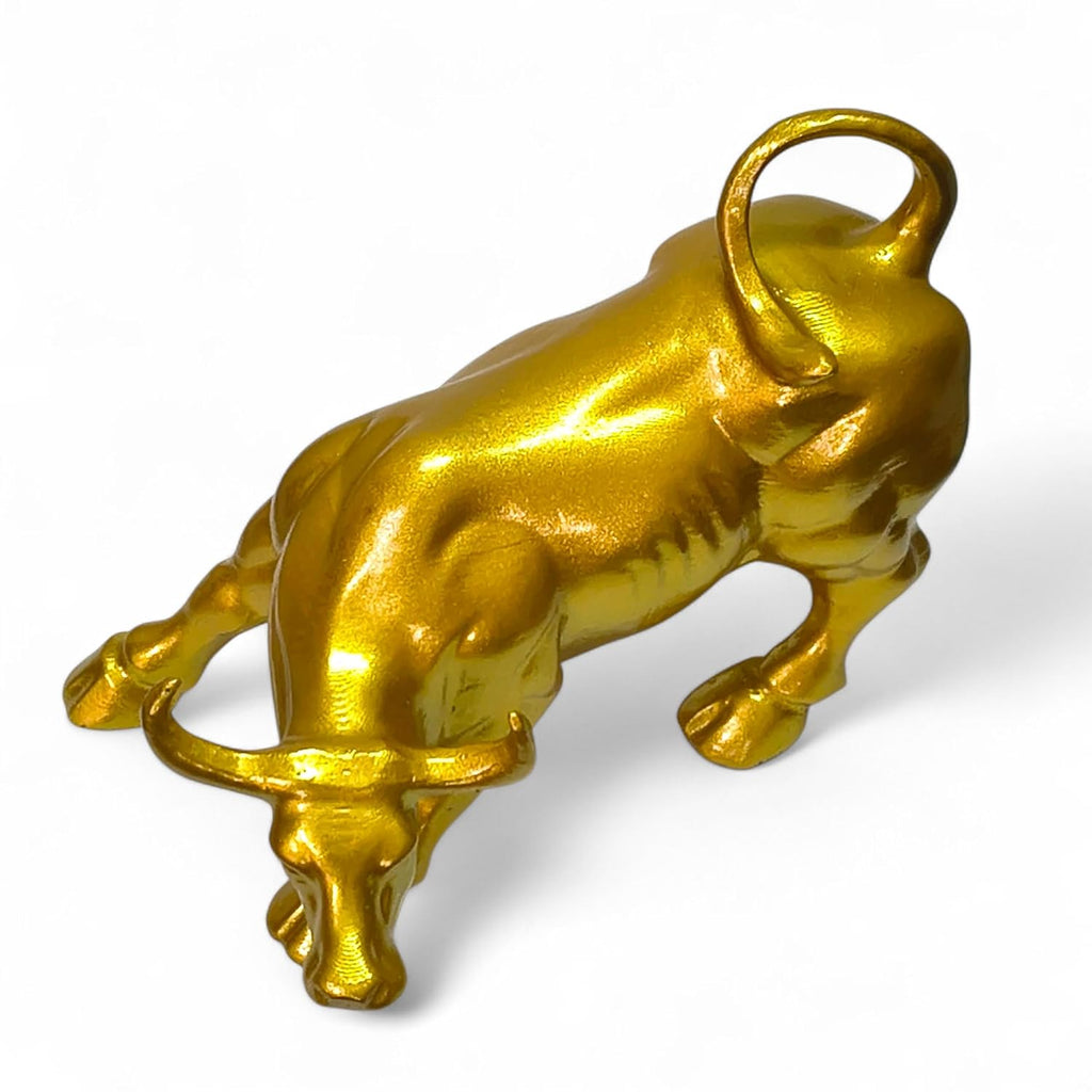 Decorative Gold Bull Statue, Wall Street Symbol, Metal Figurine - 6inch