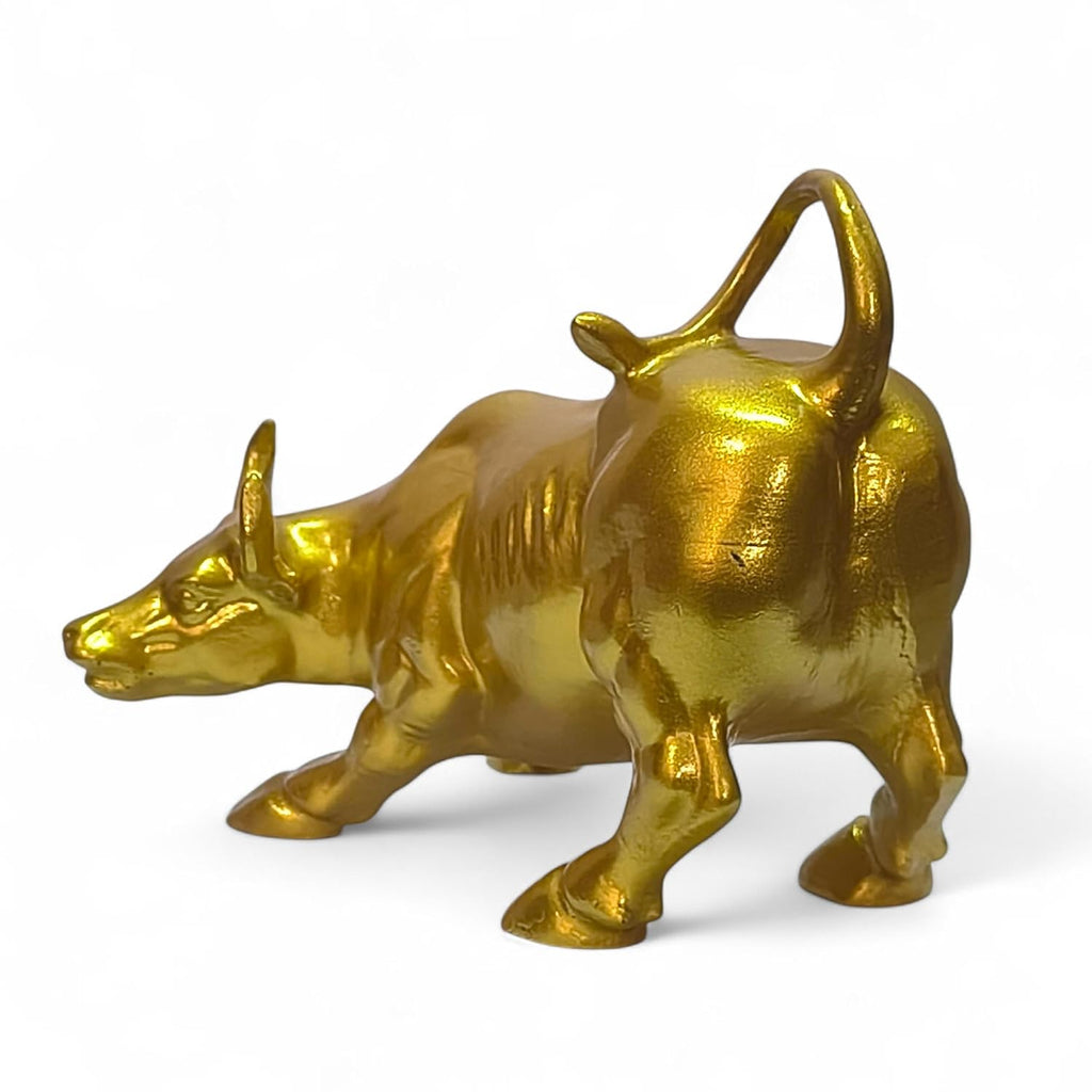 Decorative Gold Bull Statue, Wall Street Symbol, Metal Figurine - 6inch