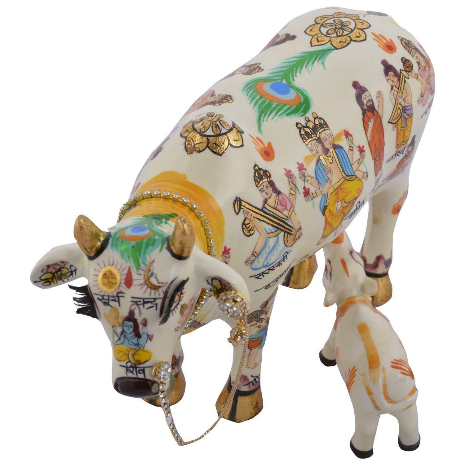 Top view of Kamdhenu Cow With Calf Hand Painted Polyresin Statue Of Hindu God (20 CM Size) showcasing detailed deity artwork and spiritual symbols.