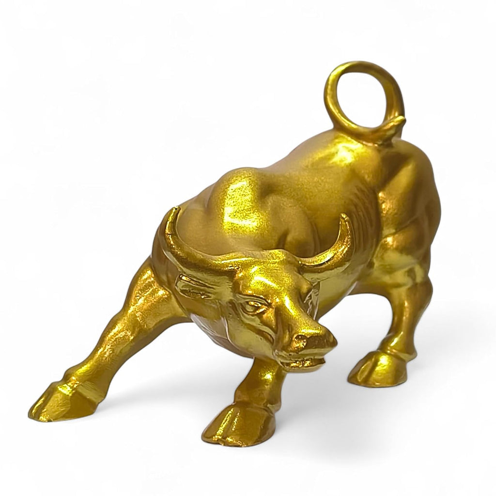 Decorative Gold Bull Statue, Wall Street Symbol, Metal Figurine - 6inch