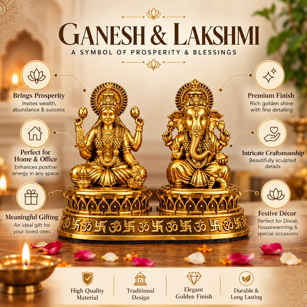 Gold Plated Ganesh & Lakshmi Idol Set | Divine Laxmi Ganpati Murti for Home Mandir, Diwali Décor & Gifting