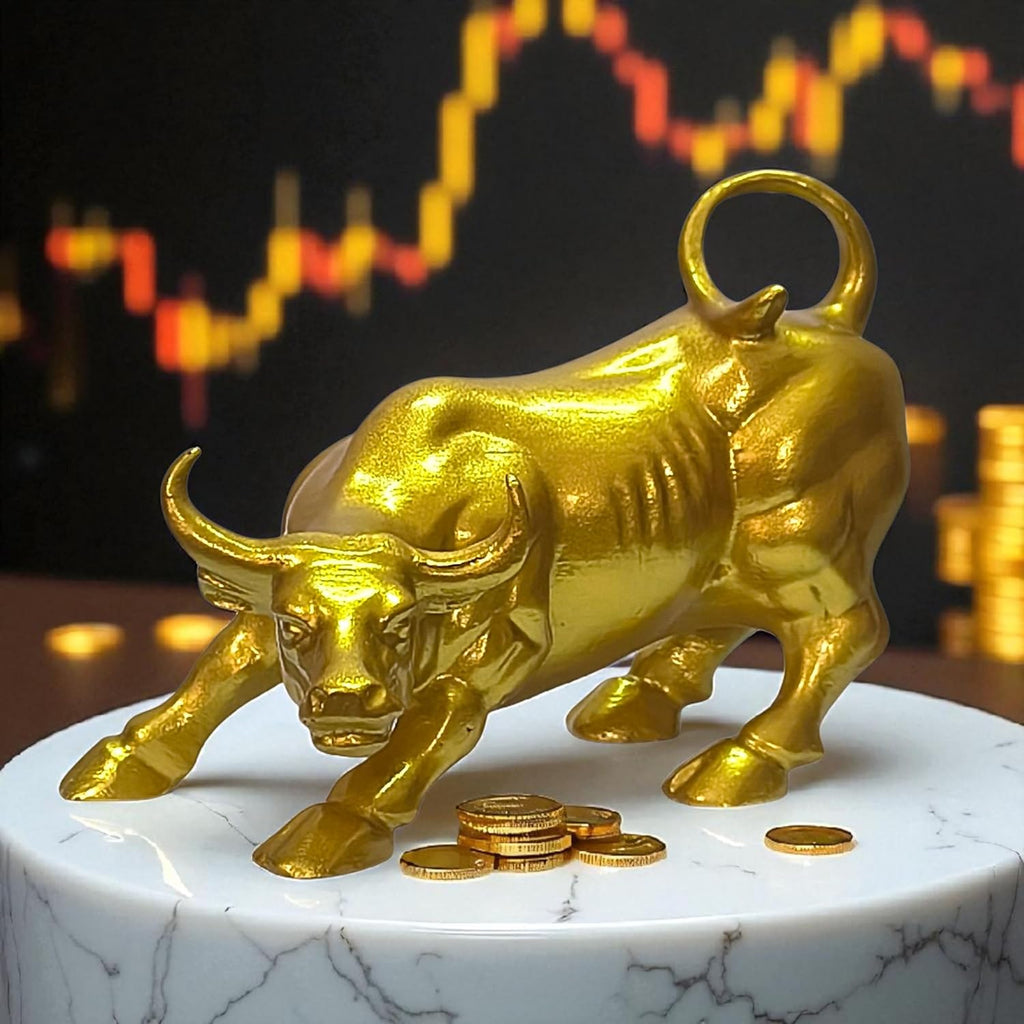 Decorative Gold Bull Statue, Wall Street Symbol, Metal Figurine - 6inch