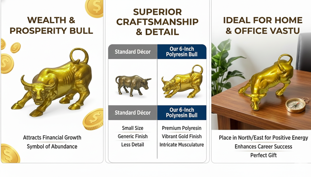 Decorative Gold Bull Statue, Wall Street Symbol, Metal Figurine - 6inch