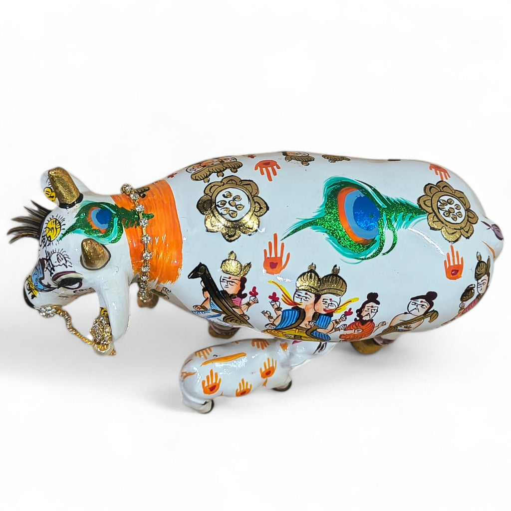 Handpainted Kamdhenu Cow with Calf – Spiritual Decor Idol with 33 Deities | Vastu, Puja & Gift Item | Premium Ceramic Finish