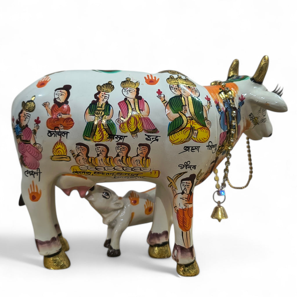 Handpainted Kamdhenu Cow with Calf – Spiritual Decor Idol with 33 Deities | Vastu, Puja & Gift Item | Premium Ceramic Finish
