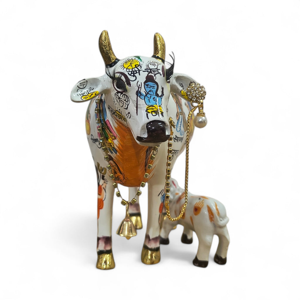 Handpainted Kamdhenu Cow with Calf – Spiritual Decor Idol with 33 Deities | Vastu, Puja & Gift Item | Premium Ceramic Finish