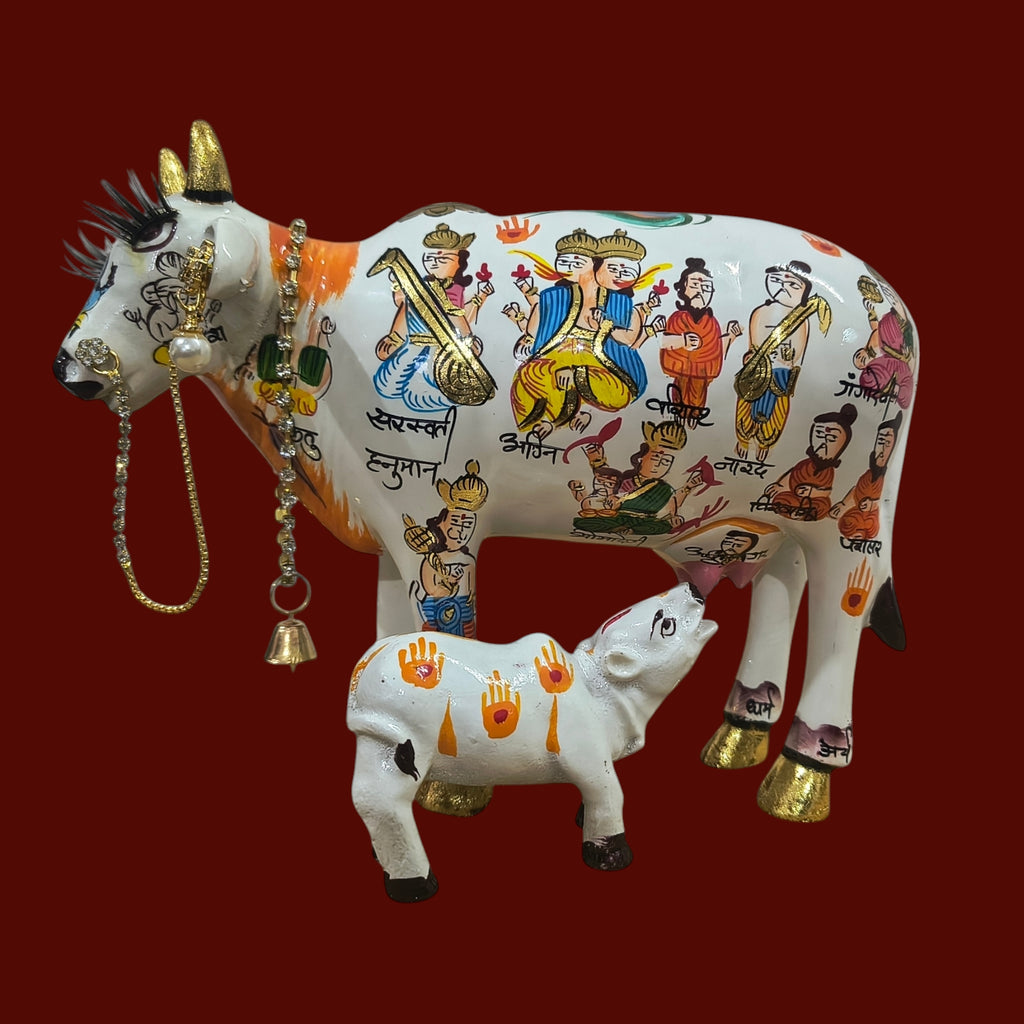 Handpainted Kamdhenu Cow with Calf – Spiritual Decor Idol with 33 Deities | Vastu, Puja & Gift Item | Premium Ceramic Finish