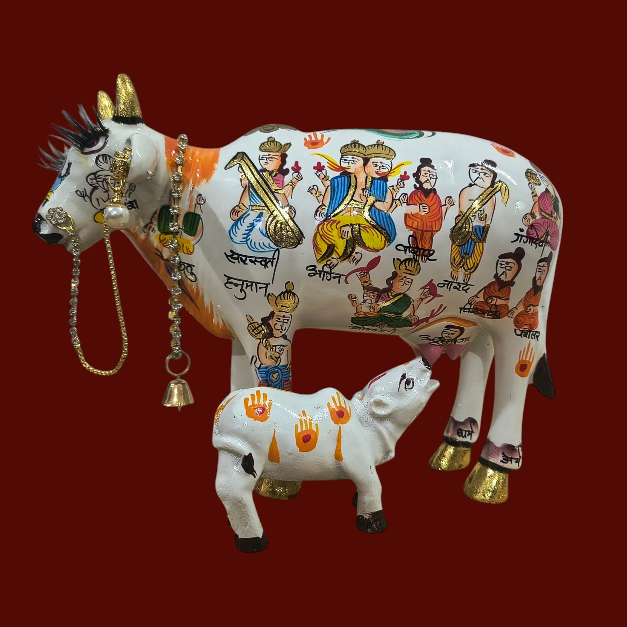 Handpainted Kamdhenu Cow with Calf – Spiritual Decor Idol with 33 Deities | Vastu, Puja & Gift Item | Premium Ceramic Finish