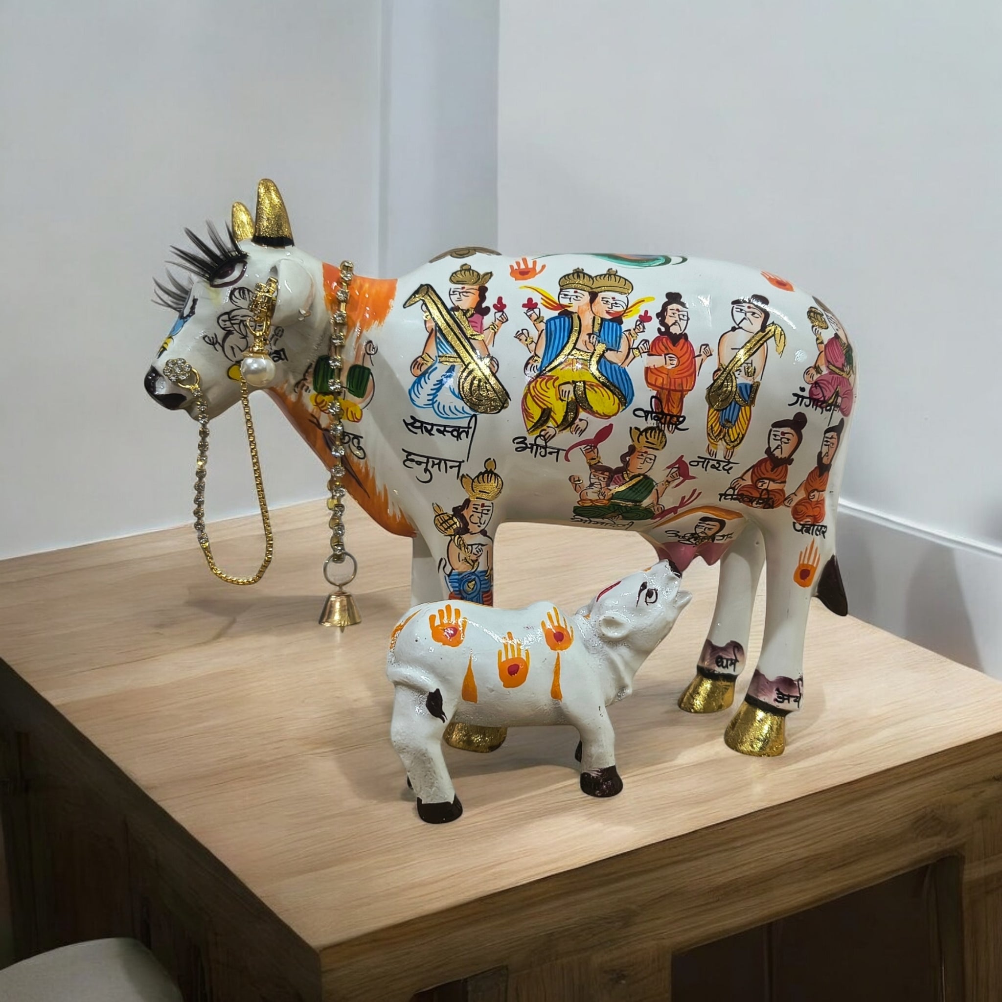 Handpainted Kamdhenu Cow with Calf – Spiritual Decor Idol with 33 Deities | Vastu, Puja & Gift Item | Premium Ceramic Finish