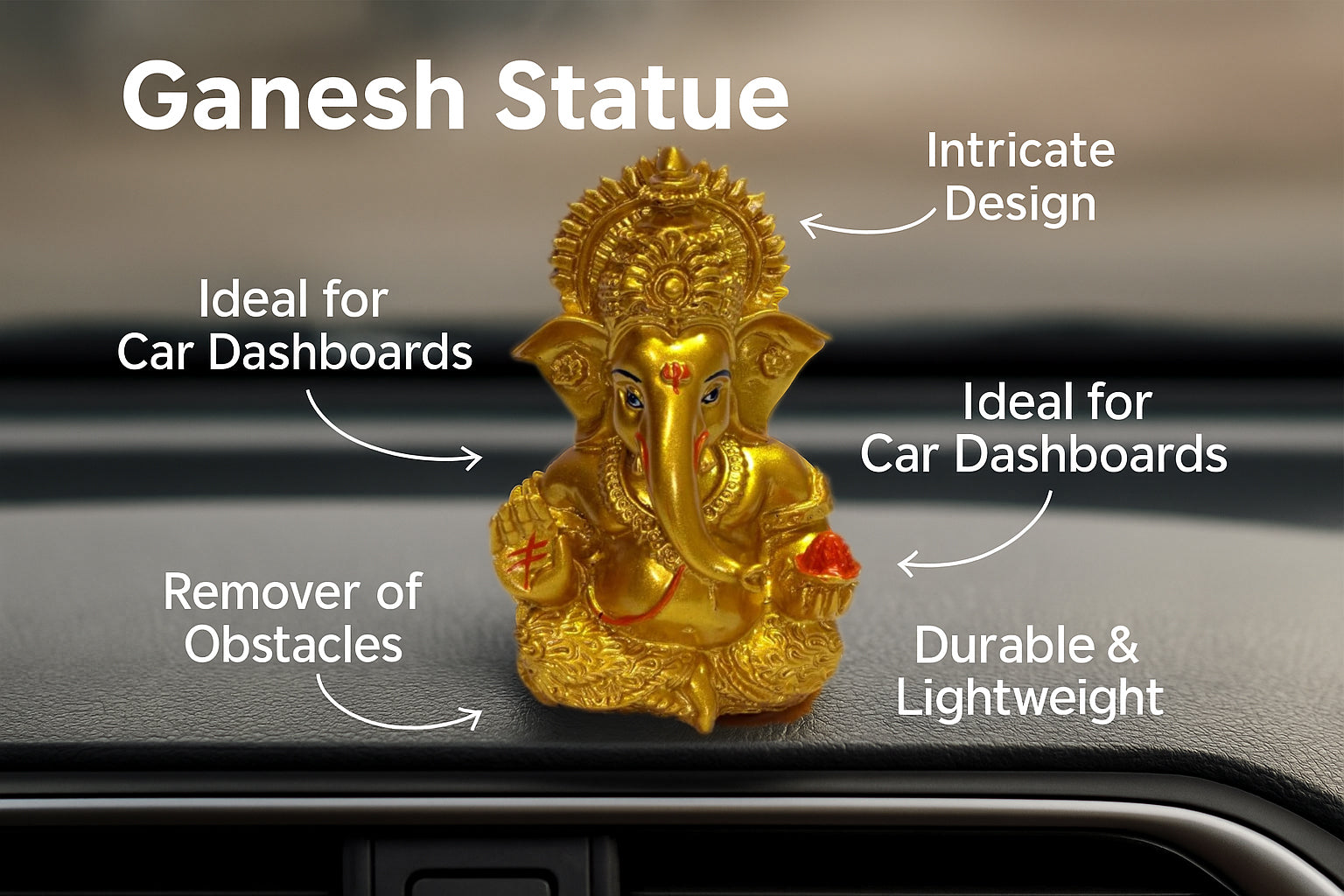 Premium Golden Lord Ganesha Idol for Car Dashboard – 3.5 Inch – Prosperity & Blessing Decor Statue