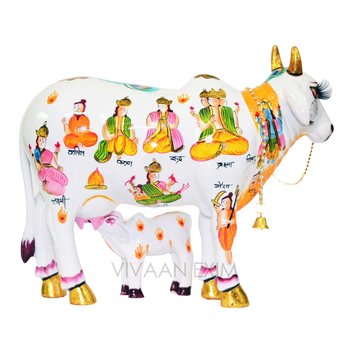 Sacred Kamdhenu Cow & Calf Idol for Home Temple Vastu | Hand Painted Hindu Deities Marble Finish | Prosperity Spiritual Decor for Mandir Living Room Office