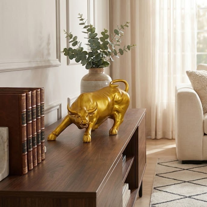Decorative Gold Bull Statue, Wall Street Symbol, Metal Figurine - 6inch - Decorwala