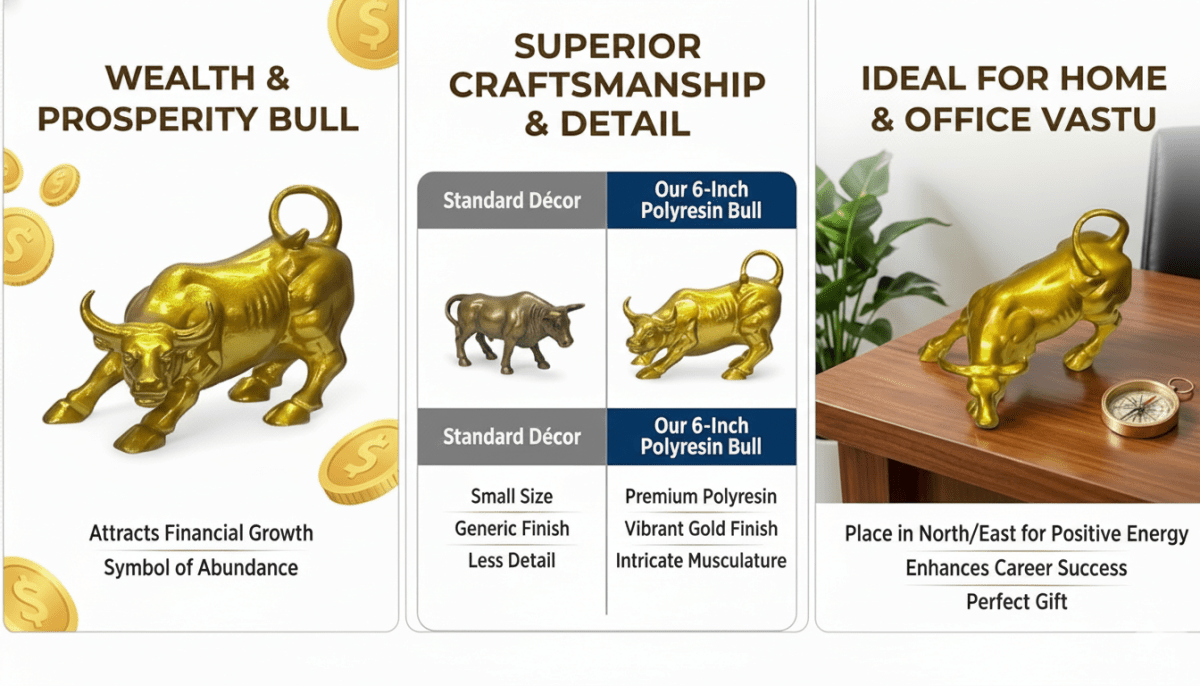 Decorative Gold Bull Statue, Wall Street Symbol, Metal Figurine - 6inch - Decorwala