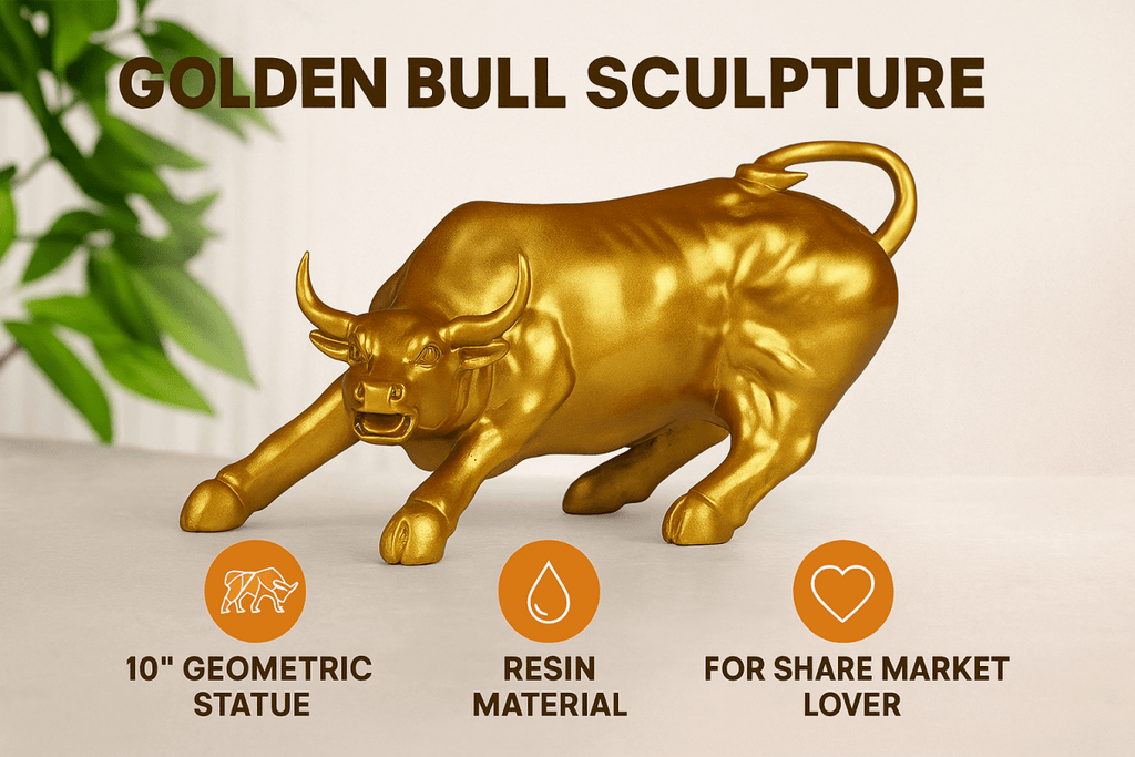 Decorative Gold Bull Statue, Wall Street Symbol, Metal Figurine - 6inch - Decorwala