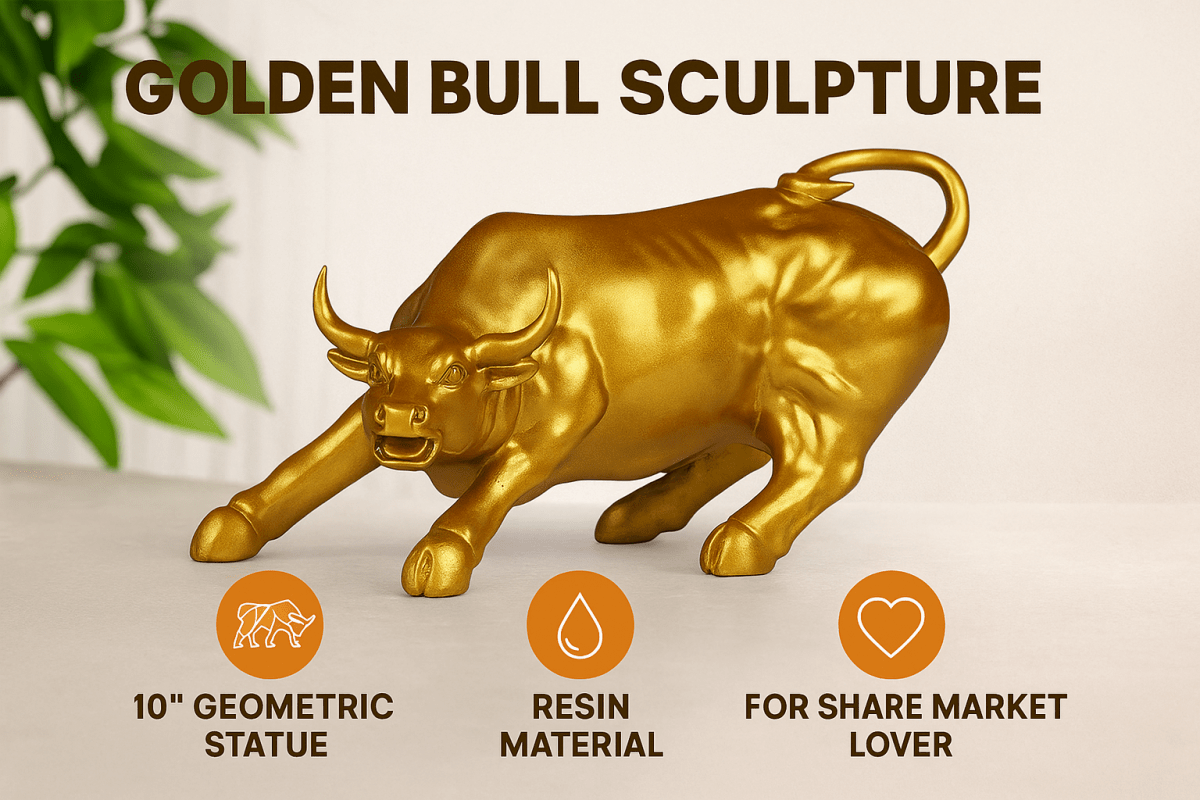 Decorative Gold Bull Statue, Wall Street Symbol, Metal Figurine - 6inch - Decorwala