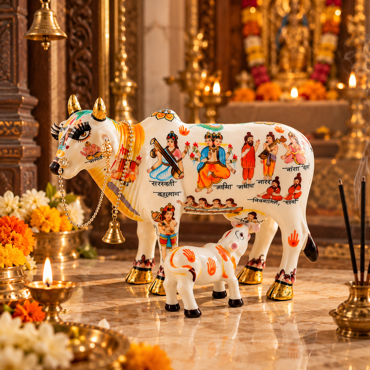 Kamdhenu Cow & Calf Idol – Sacred Symbol of Prosperity & Divine Blessings - 19cm