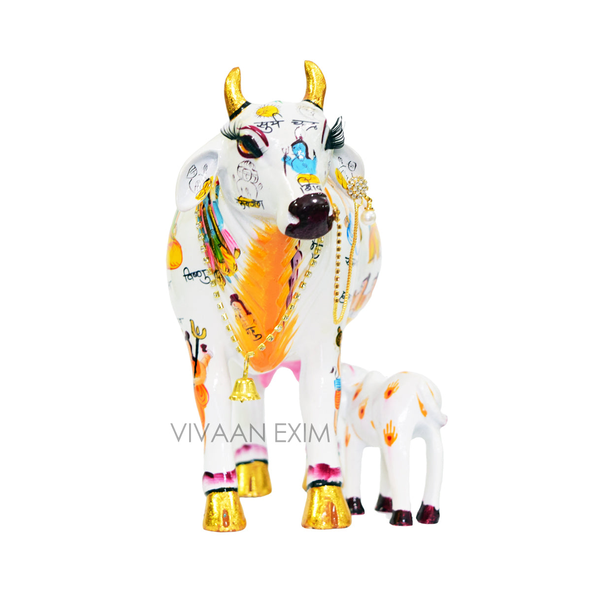 Sacred Kamdhenu Cow & Calf Idol for Home Temple Vastu | Hand Painted Hindu Deities Marble Finish | Prosperity Spiritual Decor for Mandir Living Room Office
