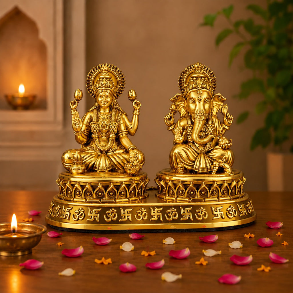 Gold Plated Ganesh & Lakshmi Idol Set | Divine Laxmi Ganpati Murti for Home Mandir, Diwali Décor & Gifting
