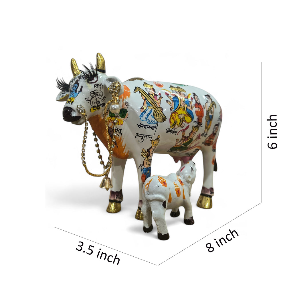 Handpainted Kamdhenu Cow with Calf – Spiritual Decor Idol with 33 Deities | Vastu, Puja & Gift Item | Premium Ceramic Finish