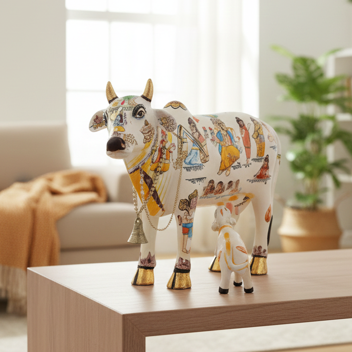Decorative cow figurine on a coffee table in a living room setting