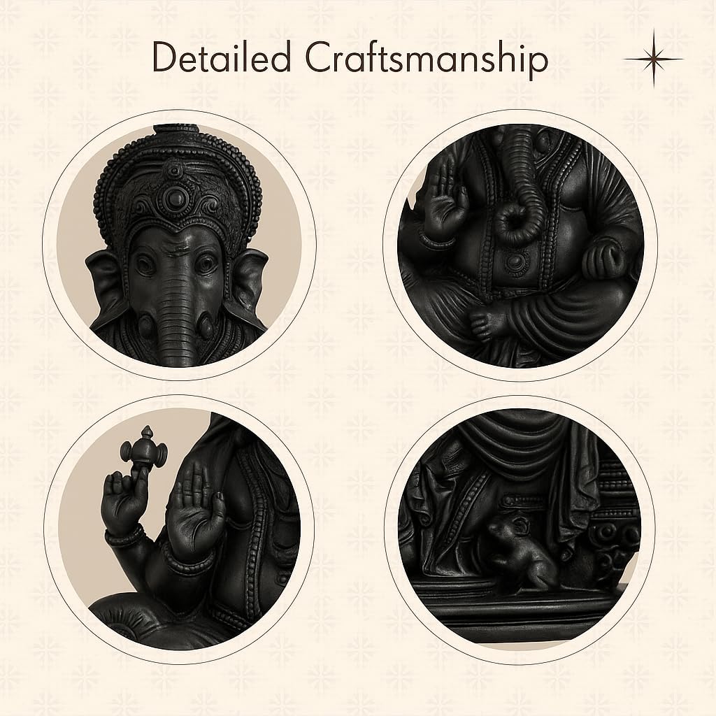 Lord Ganesh Statue, Antique Black, 6H x 4.5L x 4W inches, Marble Powder with Resin - Decorwala