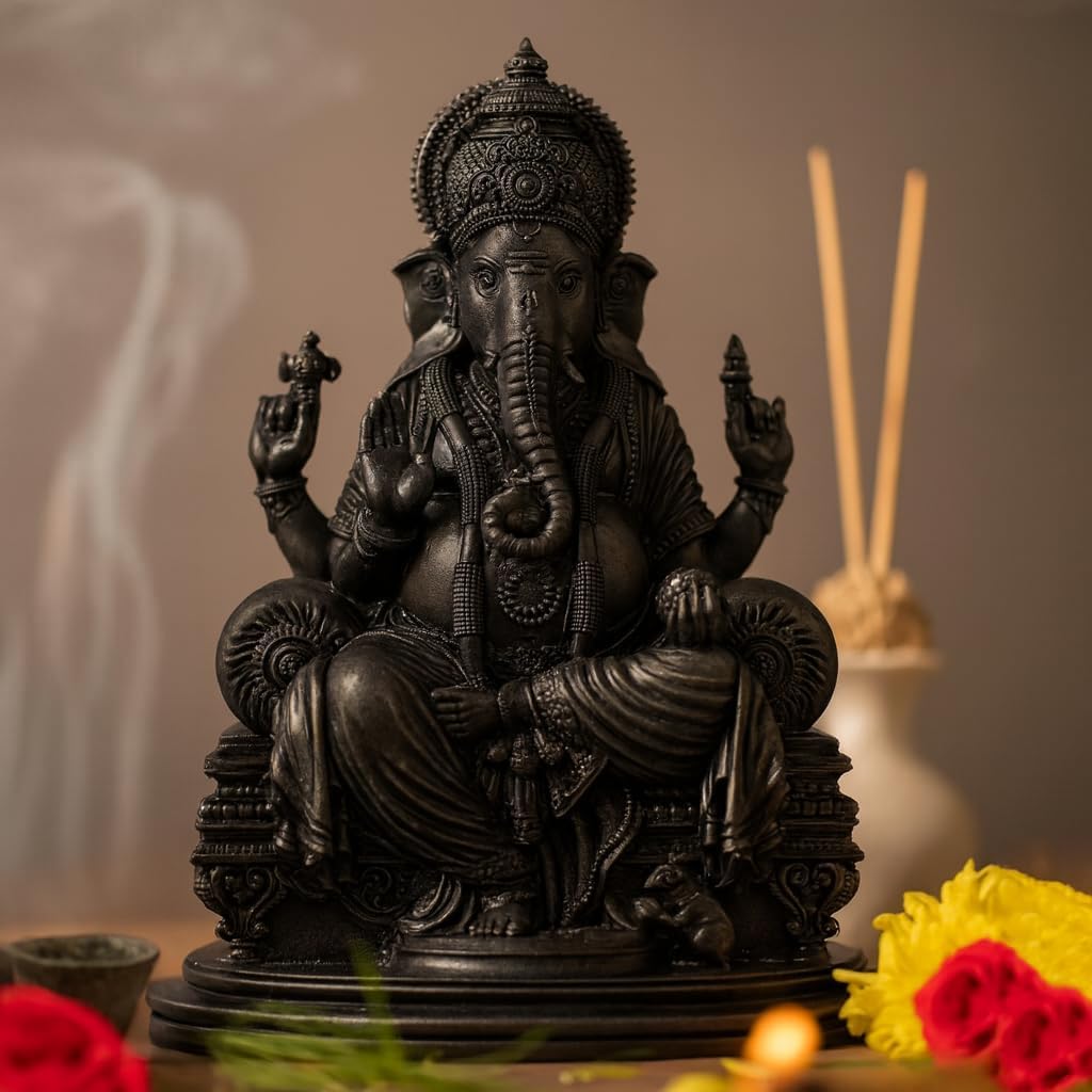 Lord Ganesh Statue, Antique Black, 6H x 4.5L x 4W inches, Marble Powder with Resin - Decorwala