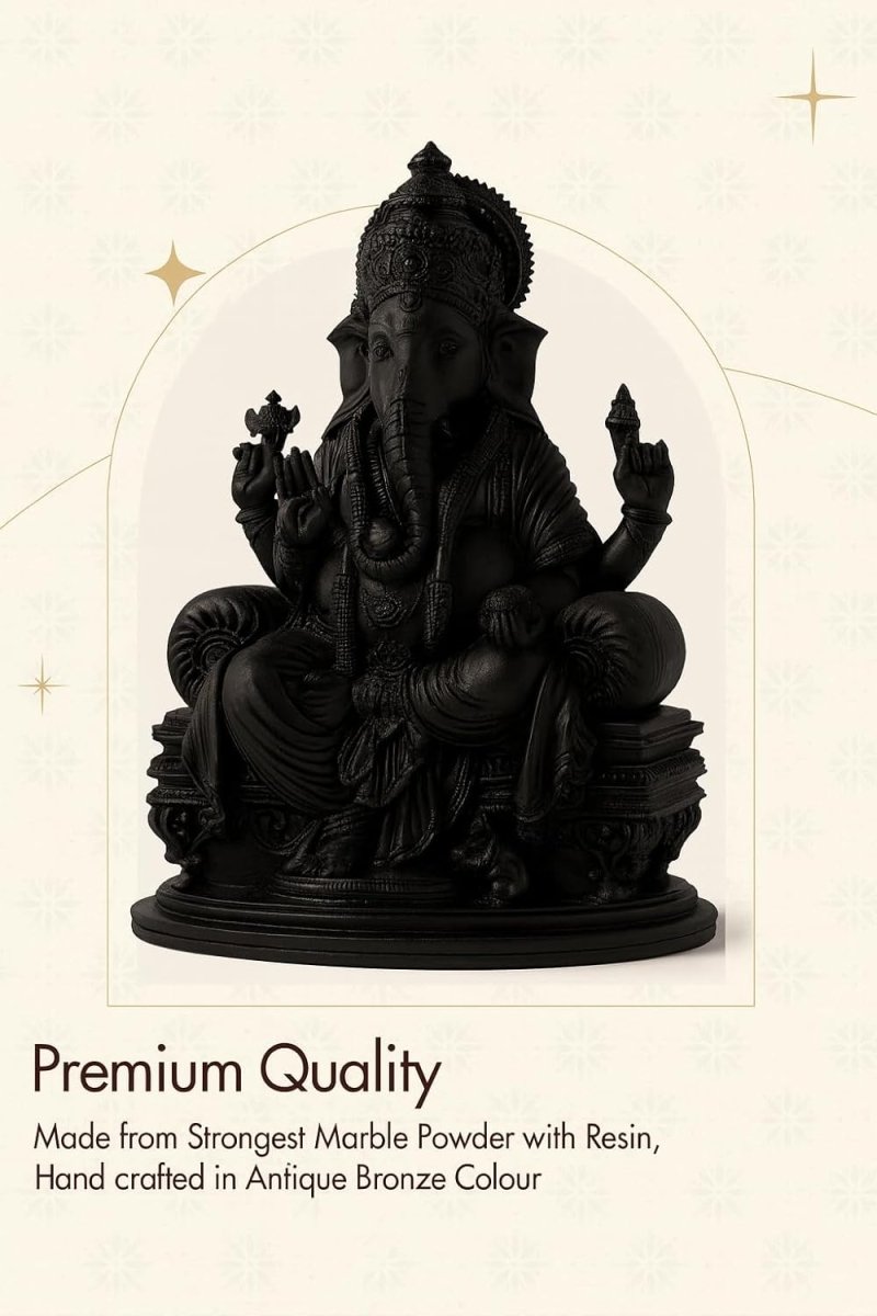 Lord Ganesh Statue, Antique Black, 6H x 4.5L x 4W inches, Marble Powder with Resin - Decorwala