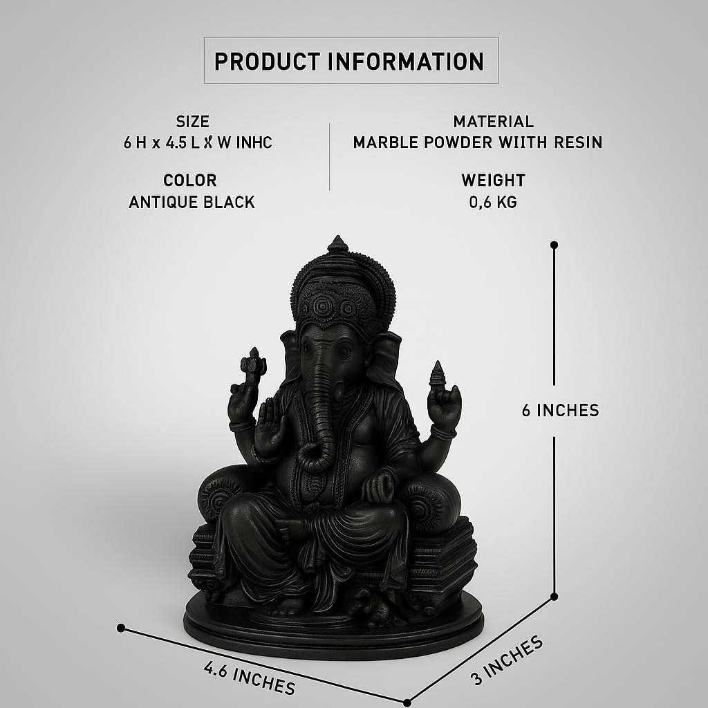 Lord Ganesh Statue, Antique Black, 6H x 4.5L x 4W inches, Marble Powder with Resin - Decorwala