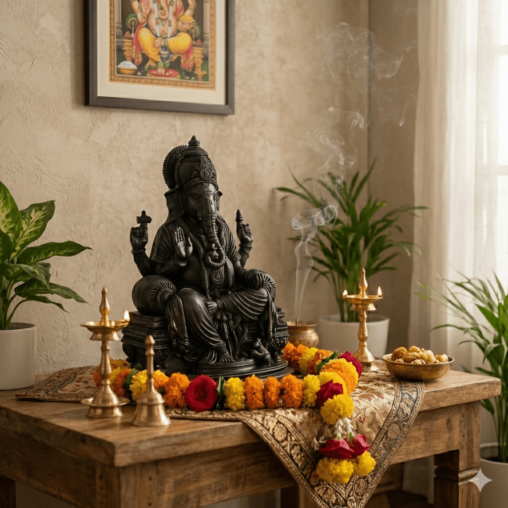 Lord Ganesh Statue, Antique Black, 6H x 4.5L x 4W inches, Marble Powder with Resin - Decorwala