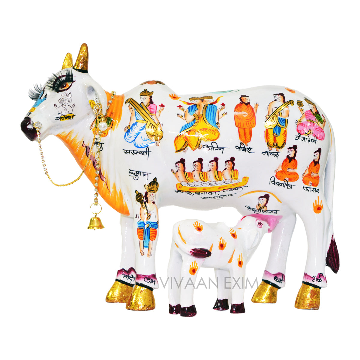 Sacred Kamdhenu Cow & Calf Idol for Home Temple Vastu | Hand Painted Hindu Deities Marble Finish | Prosperity Spiritual Decor for Mandir Living Room Office