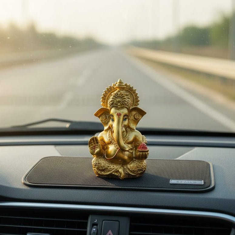 Premium Golden Lord Ganesha Idol for Car Dashboard – 3.5 Inch – Prosperity & Blessing Decor Statue - Decorwala