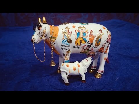 Handpainted Kamdhenu Cow with Calf – Spiritual Decor Idol with 33 Deities | Vastu, Puja & Gift Item | Premium Ceramic Finish