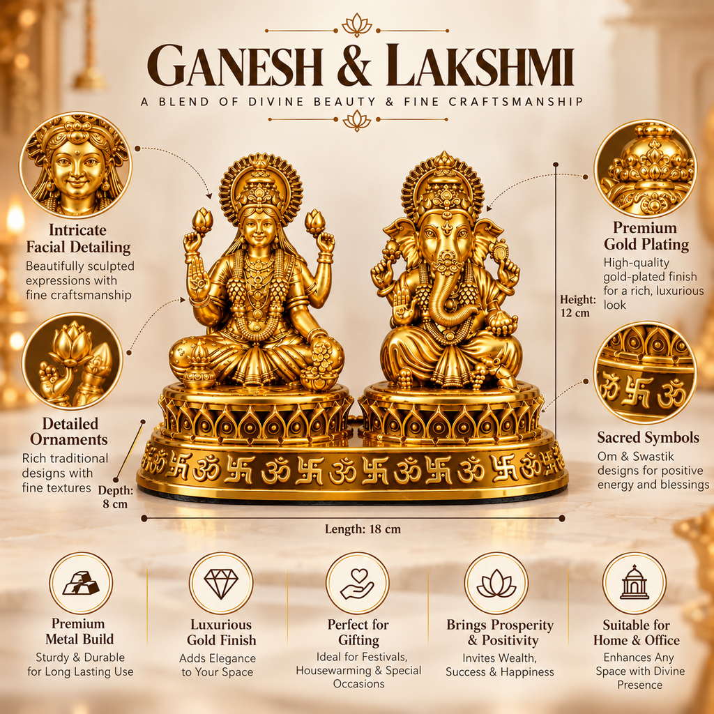 Gold Plated Ganesh & Lakshmi Idol Set | Divine Laxmi Ganpati Murti for Home Mandir, Diwali Décor & Gifting