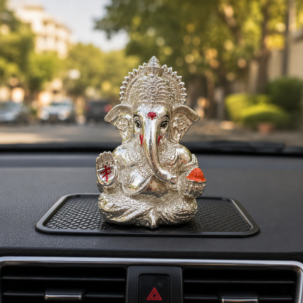 Silver Plated Lord Ganesha Idol for Car Dashboard, Home Temple & Office Desk | Ganesh Murti for Pooja, Mandir, Home Decor, Diwali Gift, Housewarming & Spiritual Decor