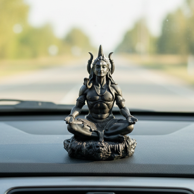 Statue of a meditating figure on a car dashboard with a blurred road and trees in the background