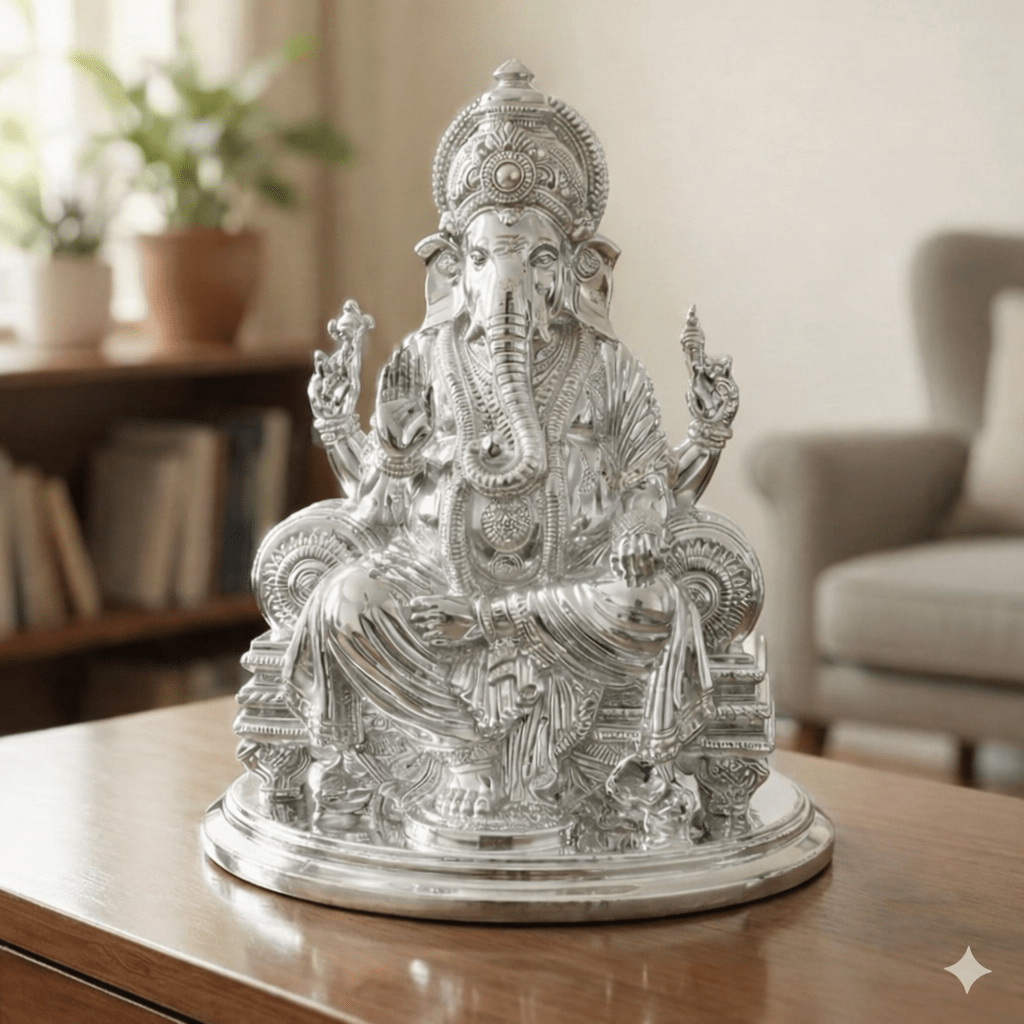 Silver Plated Ganesh Idol for Home Decor & Temple | Premium Mirror Finish Lord Ganesha Murti | Vastu & Gift Item - Decorwala