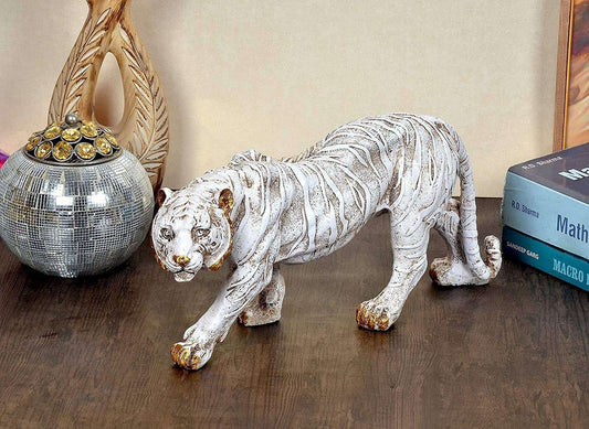 Tiger Statue Walking Tiger Antique and Home Décor - 4 x 6.5 x 13 Inches, Off White - Decorwala