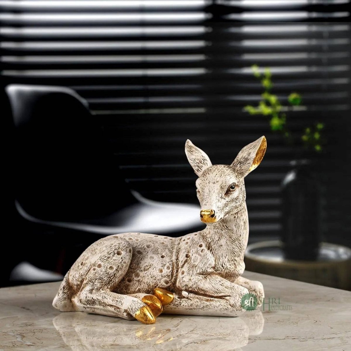 Sitting Deer Statue with Golden Highlights - Decorwala