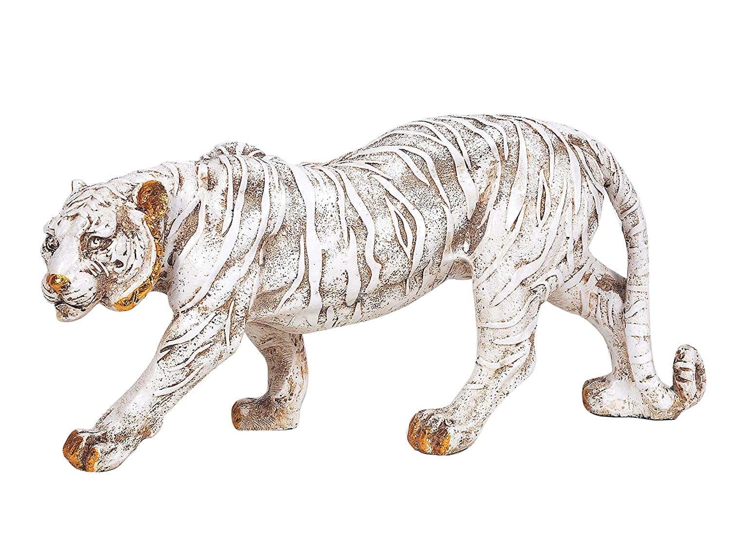 Tiger Statue Walking Tiger Antique and Home Décor - 4 x 6.5 x 13 Inches, Off White - Decorwala